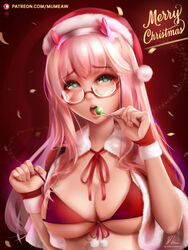 bikini blush breasts candy cape christmas christmas_present darling_in_the_franxx female food glasses green_eyes hat large_breasts long_hair merry_christmas micro_bikini mumeaw nipples open_mouth pink_hair ribbon santa_costume santa_hat see-through shy signature simple_background solo swimsuit upper_body zero_two_(darling_in_the_franxx)