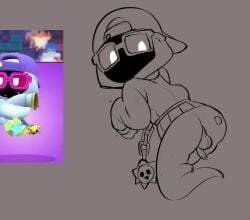 ass backsack balls bottomless brawl_stars calaziike gay ghost glasses headgear hoodie keychain looking_back male male_only penis rule_63 shade_(brawl_stars) shaded_face