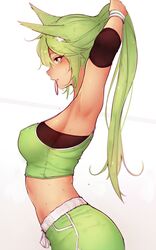 1girls animal_ears armpit arms_above_head bluefield brown_skin clothed elbow_sleeves female female_only green_hair horny kemonomimi long_hair medium_breasts object_in_mouth parted_lips profile_view side_view smile solo sports_bra sportswear sweat tagme