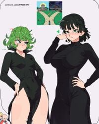 2boys 2girls absurdres big_breasts black_dress breasts collarbone covered_navel cowboy_shot curly_hair dashi_art dress english_text female female_focus frown fubuki_(one-punch_man) genos green_eyes green_hair hand_on_own_hip heart highres large_breasts long_sleeves looking_at_another looking_at_viewer male meme multiple_boys multiple_girls one-punch_man saitama short_hair siblings sisters small_breasts tatsumaki text