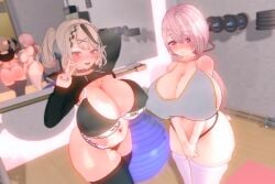 2girls 3d 3d_(artwork) breasts_bigger_than_head curvaceous curvy curvy_figure gigantic_breasts gym gym_clothes hololive hololive_japan holox hoodie huge_ass huge_breasts koikatsu nijisanji nipple_bulge plump sakamata_chloe shiina_yuika skindentation sports_bra sportswear tagme thick_thighs thighhighs virtual_youtuber
