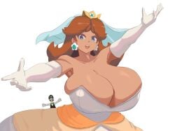 1girls breast_focus dress huge_breasts looking_at_viewer luigi mario_(series) massive_breasts princess_daisy rodgewp tagme tanned tanned_skin wedding_dress