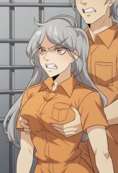 ai_generated breast_grab ceremon_vaughan grey_hair rein_(unordinary) silver_hair unordinary webtoon webtoon_waifu