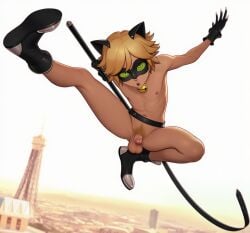 1boy abs acrobatic_pose action_pose adrien_agreste ai_generated athletic background balls barefoot_partial bell bell_collar belt_tail blonde_hair boots cat_bell cat_boy cat_ears cat_mask cat_noir cat_tail catboy chat_noir cityscape digital_art eiffel_tower fanart france gay gloves gloves_and_boots_only green_eyes jumping looking_at_viewer male male_only mask miraculous:_tales_of_ladybug_and_cat_noir miraculous_ladybug muscular novelai nude nude_male paris penis pose posing posing_for_the_viewer pubic_hair shoes solo solo_male spread_legs staff testicles yaoi