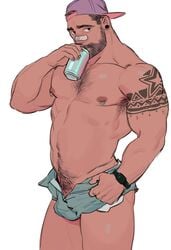 1boy bandaid bulge character_request come_hither daisy_dukes horikwawataru male male_only muscles muscular pierced_nipples piercing ripped_clothing solo tallywhacker tattoo