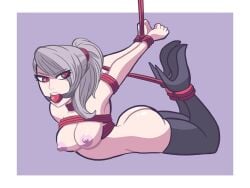 1girls arms_tied_behind_back ass ball_gag bearbuckscoffee bondage breasts gag gagged grey_hair high_heel_boots high_heels hogtie large_breasts legs_tied looking_at_viewer nipples nude nude_female persona persona_5 ponytail red_eyes rope rope_bondage sae_niijima thighhigh_boots