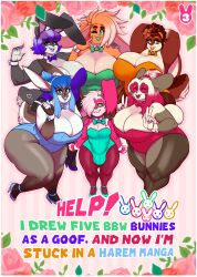 5_fingers anthro berri_(mr.pink) big_breasts blue_eyes blue_hair bow_tie breasts brown_body brown_fur brown_hair bulge bunny_costume canela_(mr.pink) cleavage clothed clothing coco_(mr.pink) costume crossdressing curvy_figure dulce_(mr.pink) english_text eyebrows eyelashes eyewear female fingers footwear fur gesture glasses green_sclera group hair hair_bun hand_gesture hands_behind_head heart_symbol hi_res high_heels huge_breasts lagomorph larger_female leporid long_hair looking_at_viewer male mammal mr.pink multicolored_body multicolored_fur multicolored_hair one_eye_closed open_mouth orange_body orange_fur overweight overweight_anthro overweight_female pink_body pink_fur pink_hair purple_eyes purple_hair pwink rabbit raspberry_(mr.pink) shoes size_difference smaller_male teeth text thick_thighs two_tone_hair v_sign voluptuous white_body white_fur white_hair wide_hips yellow_eyes