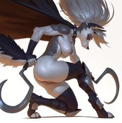 action_pose anthro armor cape death_(puss_in_boots) dual_wielding furry greaves grey_fur helluva_boss holding_weapon kneeling large_breasts looking_down loona_(helluva_boss) on_one_knee pussy red_sclera serious sickle spiked_collar thighhighs topless topless_female two_tone_fur white_background white_eyes white_fur white_hair wolf