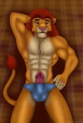 anthro anthrofied bodily_fluids bulge clothing cum cum_on_self detailed_bulge disney erection felid genital_fluids genitals hand_behind_head hi_res lion male mammal muscular pantherine penis penis_poking_out rahir_(artist) simba_(the_lion_king) solo tail the_lion_king underwear