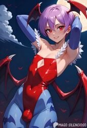 ai_generated bulge_under_clothes femboy flat_chest lilith_(darkstalkers) magosilencioso nipple_outline otoko_no_ko pantyhose sissy trap