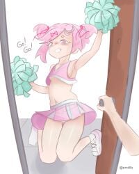 1female 1girls armpit blush blushing boobs breasts cheering cheerleader cheerleader_costume cheerleader_outfit cheerleader_uniform doki_doki_literature_club door doorway emiillb english_text female_focus natsuki_(doki_doki_literature_club) navel panties panty_peek pink_eyes pink_hair pom_pom_(cheerleading) pom_poms sideboob skirt text underboob white_panties