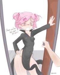 1female 1girls 5_fingers breasts cosplay doki_doki_literature_club door doorway emiillb english_text female_focus natsuki_(doki_doki_literature_club) navel_visible_through_clothes one-punch_man pink_eyes pink_hair tatsumaki_(cosplay) text thighs