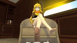 1boy 1girls 3d animated big_penis blonde_hair clothed crossed_arms crossed_legs feet foot_fetish footjob kuibi large_penis long_penis male_pov pov purple_eyes rwby sitting source_filmmaker watermark yang_xiao_long