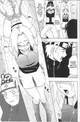 akatsuki akatsuki_(naruto) blush bondage comic dialogue doujinshi english_text female human koala_machine kuroageha male monochrome naruto naruto_shippuden ninja open_mouth rope sakura_haruno sex text uchiha_itachi uzumaki_naruto