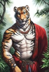 1boy 2024 abs ai_generated animal_humanoid anthro avaru biceps felid feline furry humanoid male male_focus male_only mammal mammal_humanoid multicolored_body multicolored_fur muscular muscular_male nature nature_background navel nipples pink_nose primal_wilds solo tiger tiger_stripes tribal tribal_clothing tuft tufted_fur white_fur