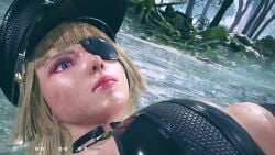 1girls ass big_breasts blonde_hair breasts breath breathing cleavage emilie_de_rochefort female female_only latex latex_suit looking_down lying lying_on_back namco police_hat police_uniform sweat tagme tekken tekken_8 thick_thighs video wet