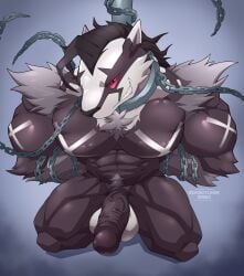 abs absurd_res anthro arms_tied balls big_glans big_pecs big_penis black_body black_penis bondage bondage bound chain_leash chained chained_to_pole chains fur generation_8_pokemon genitals grey_background grey_body grey_fur grin grinning_at_viewer hi_res high-angle_view jack_mercer_(undeadmercer) kneeling leash light_bondage looking_at_viewer maldu male muscular muscular_anthro muscular_male nintendo nude nude_anthro nude_male obstagoon pecs penis pokemon pokemon_(species) pole red_eyes red_sclera restrained_arms sharp_teeth signature simple_background smile smug smug_grin snout solo teeth vein veiny_penis white_balls