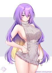 1girls breasts cyanzan female female_only hololive hololive_indonesia hololive_indonesia_area_15 huge_breasts light-skinned_female light_skin meme_attire moona_hoshinova no_bra no_panties no_underwear purple_eyes purple_hair solo sweater virgin_killer_sweater virtual_youtuber