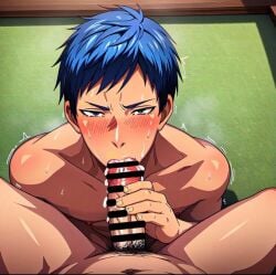 2boys ai_generated aomine_daiki blowjob blue_eyes blue_hair blush daiki_aomine full_mouth gay kuroko's_basketball kuroko_no_basuke male male_focus pretty_boy seductive_eyes sucking_dick sucking_penis tan_skin tears yaoi