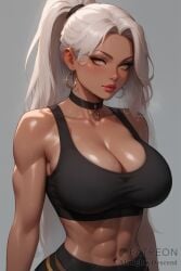 1girls abs ai_generated almighty_descent big_breasts blush blush choker crop_top dark-skinned_female dark_skin earrings elise_(almighty_descent) highres large_breasts long_hair oc original_character ponytail shiny_skin solo sports_bra sweat white_hair yellow_eyes