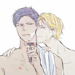 2boys aomine_daiki blonde_hair blue_hair daiki_aomine hickey_marks kise_ryouta kuroko's_basketball kuroko_no_basuke male ryota_kise shaving yaoi