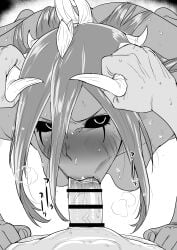 1boy 1girls :>= angry angry_expression angry_face black_and_white black_sclera blowjob blushing breasts colored_sclera cursed_seal dark-skinned_female dark_skin fellatio female grabbing grabbing_horns hair_between_eyes hanging_breasts horn_grab horns kaiman_garupan lips monochrome monster_girl naruto naruto_(classic) naruto_(series) oral oral_sex pov saliva sweat tayuya vacuum_fellatio villainess