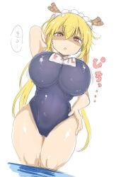 1girls arm_up blonde_hair cool-kyou_shinja death_stare female hand_on_hip horns huge_breasts japanese_text kobayashi-san_chi_no_maidragon long_hair looking_at_viewer maid_headdress miss_kobayashi's_dragon_maid open_mouth slit_pupils solo swimsuit thighs tight_clothing tohru_(dragon_maid) translation_request twintails water white_background wide_hips