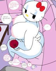 1boy 1girls cat_ears cat_tail champagne chatting couch_sitting dialogue_error dream-cassette female fully_naked hello_kitty hello_kitty_(character) hello_kitty_(series) hoshime joking kitty_cat kitty_white male massive_breasts sanrio sat_down thick_ass thick_body thick_butt thick_thighs