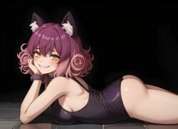 1girls ai_generated big_butt black_souls black_souls_2 cat_ears cheshire_cat_(black_souls) from_side grin leukocrisp lying on_stomach one-piece_swimsuit sideboob smug_face smug_grin stable_diffusion swimsuit