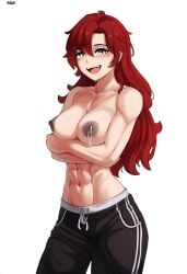 abs ai_generated areolae black_nipples happy lactating lactation lactation nipples novelai open_mouth original pajama_pants ruby_rose rwby smile toned toned_female topless topless_female