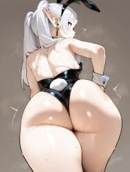 ai_generated back_view backboob bare_thighs big_ass big_butt bunny_ears bunny_girl bunny_tail bunnysuit elf elf_ears elf_female fat_ass frieren gigantic_ass green_eyes huge_thighs light-skinned_female light_skin looking_back massive_ass mature_female oatmealdood oiled_body oiled_skin small_breasts solo_female sousou_no_frieren squatting sweat sweatdrop thick_body thick_female thick_thighs thighs twintails voluptuous voluptuous_female white_hair