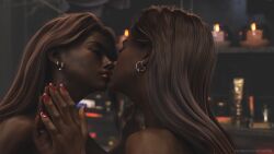 3d black_body brown_hair dark_skin ebony female kissing lgbt_pride makeup mirror naked nude