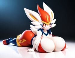 1female 1girls ai_generated anthro big_breasts bikini_top breasts bunny bunny_girl cinderace cute female female_cinderace furry generation_8_pokemon huge_breasts nipples pokemon