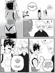 4boys bakugou_katsuki blush blush_lines bunny_ears bunny_tail crossdressing crossdressing_male eijirou_kirishima english_text izuku_midoriya katsuki_bakugou kyoka_jiro leotard male male_focus male_only midoriya_izuku miruko_(cosplay) multiple_boys my_hero_academia photoshoot shouto_todoroki solo_male speech_bubble