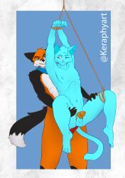 absurd_res anal anal_sex anthro anus ass balls big_tail blue_body bondage bondage bound cage canid canine digital_media_(artwork) duo erection eye_contact felid fox fur genitals hair hi_res holding_leg holding_thigh humanoid_genitalia humanoid_penis keraphyart looking_at_another male male/male male_penetrated male_penetrating male_penetrating_male mammal nipples nude penetrating_male penetration penile penile_penetration penis restraints rope rope_bondage sex simple_background smile tail teeth text