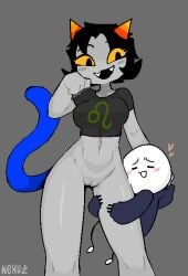 black_hair blush boots bottomless bottomless_female breasts cat_tail female furry gray_body green_skin grey_body grey_skin heart homestuck hoodie horns hugging hugging_legs mspa_reader navel nekuzx nepeta_leijon nipples orange_eyes pointy_teeth pussy pxym short_hair size_difference stick_figure troll