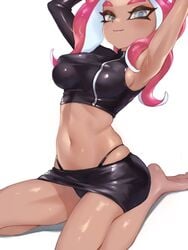 1girls agent_8_(octo_expansion) agent_8_(splatoon) armpits arms_up blue_eyes breasts covered_nipples dark-skinned_female erect_nipples female female_only jtveemo kneeling looking_at_viewer navel nintendo octoling octoling_girl panties pink_hair sideboob skirt smile solo splatoon splatoon_2 splatoon_2:_octo_expansion thighs thong underwear