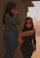 ai_generated bursting_out_of_clothing futa_penis futanari hijab huge_breasts huge_cock hung_futanari penis_out pointy_nipples ruined_makeup tagme taller_futanari tight_clothing tight_fit tight_pants tight_shirt