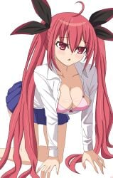 1girls 2d 2d_(artwork) bra breasts date_a_live doggy_style itsuka_kotori light-skinned_female long_hair looking_at_viewer medium_breasts open_clothes open_shirt red_eyes red_hair ribbon solo solo_female thighs twintails underwear