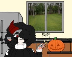 background black_fur black_hair fridge furry furry_female furry_only gray_fur halloween horn kitchen magic magic_user moon(sl33py_demon) original original_character pumpkin red_eyes red_horns skeleton sl33py_demon text white_fur