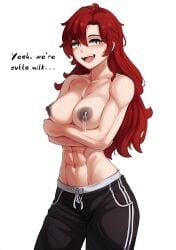 abs ai_generated areolae black_nipples dialogue happy hismajestyii lactating lactation nipples novelai open_mouth original pajama_pants ruby_rose rwby smile toned toned_female topless topless_female