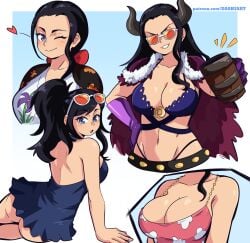 1girls ass beast_pirates_uniform big_breasts black_hair blue_eyes breasts cape cleavage closed_mouth dashi_art dress eyewear_on_head female gloves heart highres horns large_breasts long_hair multiple_views navel nico_robin one_eye_closed one_piece ponytail sitting smile smirk sunglasses v-shaped_eyebrows wink