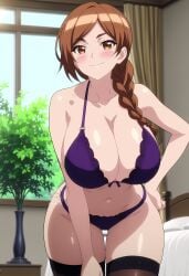 ai_generated arisato_yu auburn_hair big_breasts bikini bra brown_eyes cleavage huge_breasts kaede-sensei_(modaete_yo,_adamu-kun) lingerie modaete_yo,_adamu-kun purple_lingerie stockings thong white_stockings