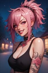 1girls ai_generated almighty_descent choker earrings heart_tattoo highres lauren_(almighty_descent) looking_at_viewer medium_breasts messy_hair multiple_earrings oc original_character perky_breasts pink_eyes pink_hair ponytail punk seductive short_hair smile spiked_collar spiky_hair tattoo tattoos