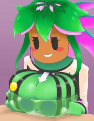 1boy 1girls between_breasts big_breasts blaster_master blaster_master_zero blaster_master_zero_3 breasts clothing dark_skin female green_hair green_skin hair human_on_plantie interspecies inti_creates kanna_(blaster_master) large_breasts light_skin lopunnysosexy male male_pov mob_face paizuri pale-skinned_male pale_skin plant plant_girl plantie pov straight video_games watermelon_bra watermelon_nets white_skin