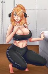 1girls barefoot blonde_hair cleavage clothing cynthia_(pokemon) female hair_over_one_eye nintendo pants pokemon pokemon_dppt qthead smile smiling solo solo_female sports_bra squatting tagme yellow_hair