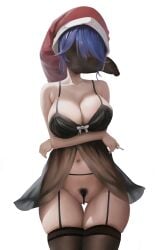 absurdres alternate_costume arms_under_breasts bar_censor big_breasts black_nightgown black_thighhighs blue_hair breasts censored cleavage cowboy_shot doremy_sweet female female_pubic_hair garter_straps guilty_merlin hat highres large_breasts navel nightcap nightgown pubic_hair red_hat short_hair tapir thighhighs touhou variant_set