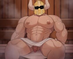 1male brizzytt gay helmet muscular muscular_male pecs pectorals penis sauna sweat sweatdrop towel_around_waist towel_only yaoi