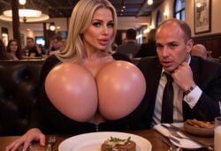 1boy 1girls ai_generated big_breasts bimbo bimbo_body bimbo_lips black_clothing blonde_hair cleavage fake_breasts food huge_breasts massive_breasts melania_trump plump_lips tagme thick_lips vladimir_putin