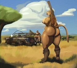 anthro ass boots breasts clothing cloud day duo felid female fingers footwear footwear_only fur genitals grass gun hi_res jeep lion mammal mostly_nude nipples outside pantherine pink_nipples pink_nose plant pussy ranged_weapon rifle shaded shoes standing tail tan_body tan_fur tree vehicle weapon xcronic